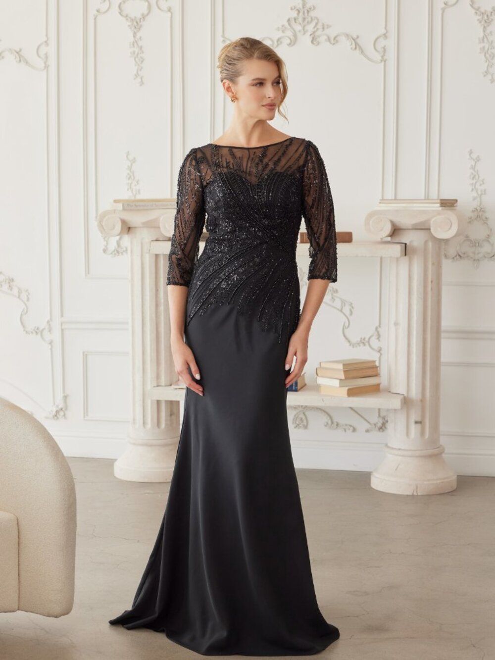 BEADED BLACK FORMAL DRESS STRETCG SATUB TULLE APPLIQUE PARTY EVENING SLEEVES